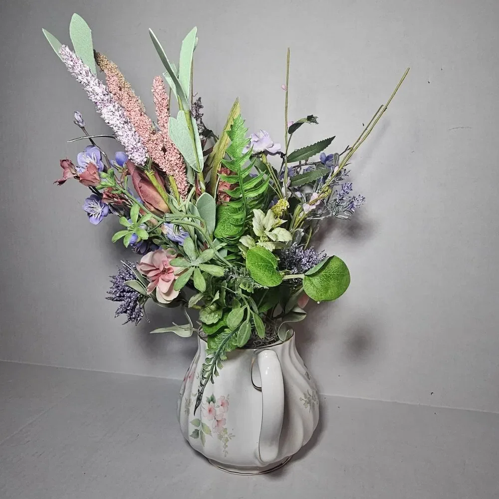 Handmade Artificial Floral Arrangement In Pink Floral Teapot Gold Accent